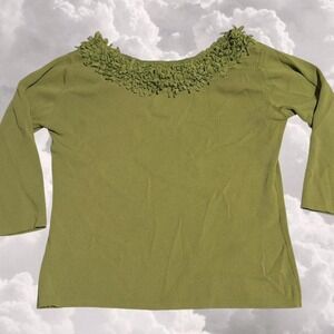 Retro 90s Green Quarter Sleeve Boatneck Fitted Shirt size Small